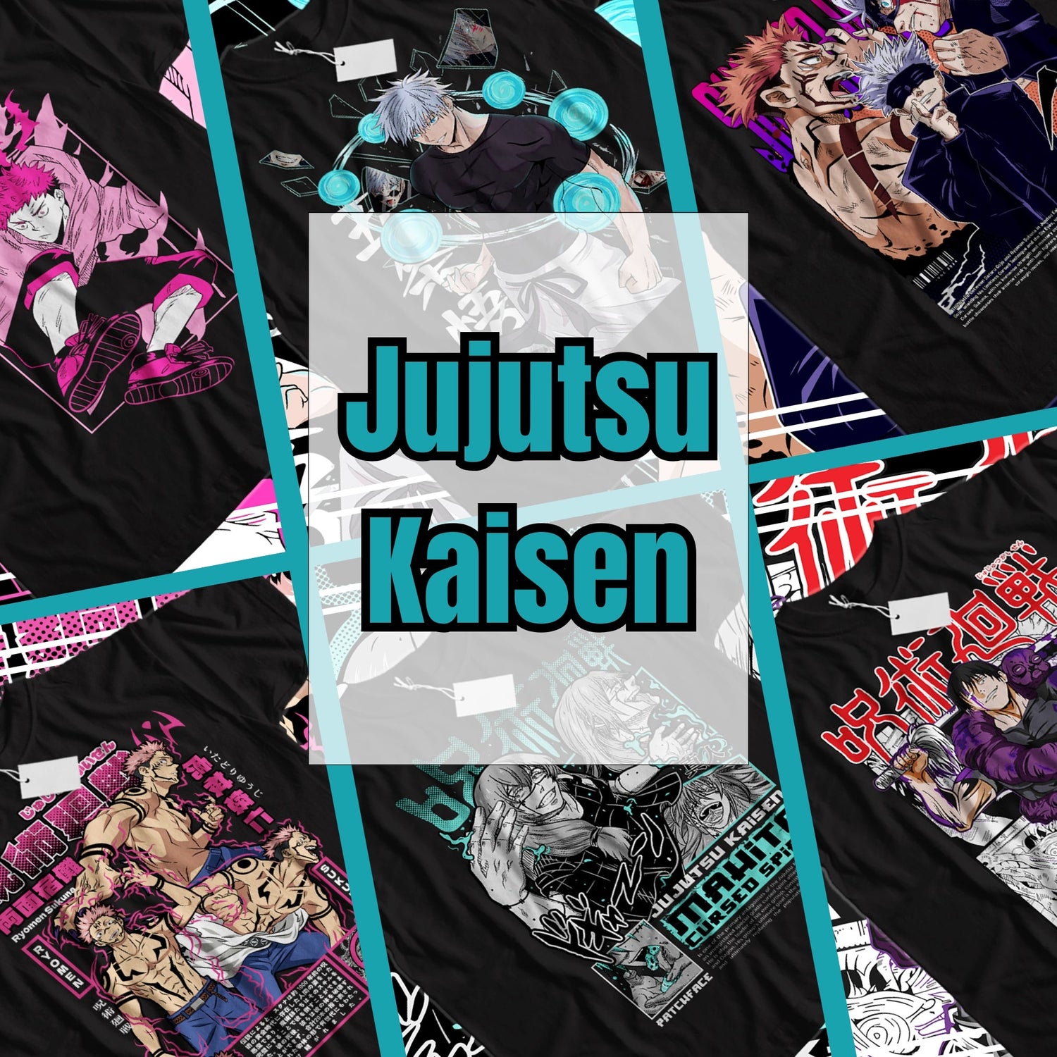 Jujutsu Kaisen anime T-shirts collection featuring designs inspired by Yuji Itadori, Gojo Satoru, Megumi, and Sukuna