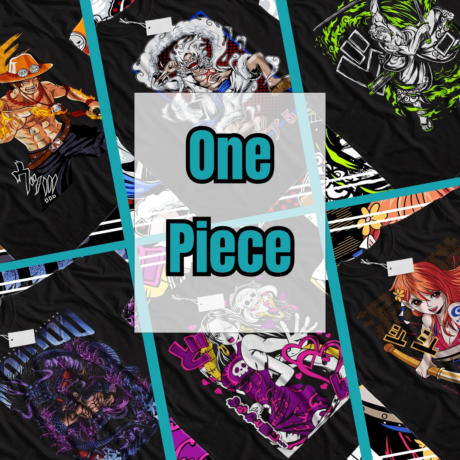 One Piece anime T-shirts collection featuring designs inspired by Luffy, Zoro, Nami, Ace, and the Straw Hat Pirates